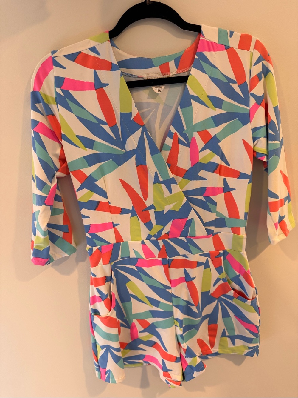 Colorful Abstract Print Romper - V-Neck, 3/4 Sleeves